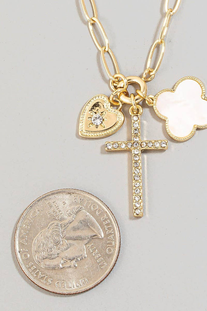 Pave Heart Cross And Shell Clover Charms Chain Necklace: GDCRM