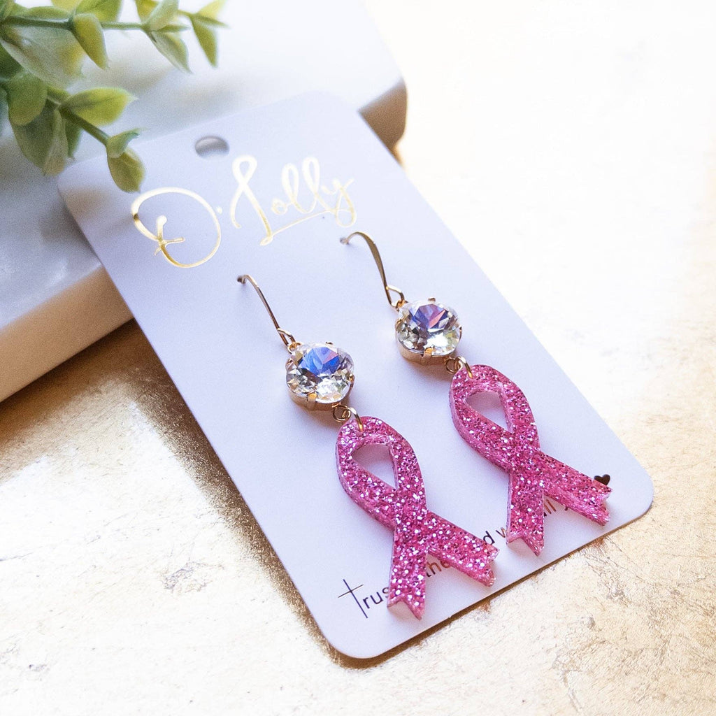 Pink Glitter Breast Cancer Awareness Ribbon Earrings w/Clear ML Stone