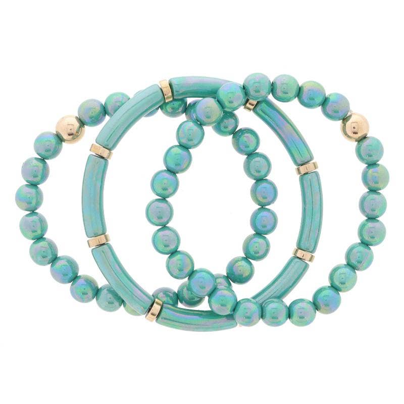 Set of 3, Iridescent Emerald Green Beaded Bracelet