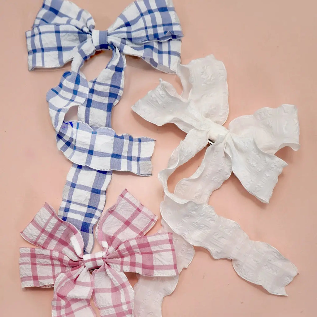 Pretty Textured Checker Bow Ribbon Hair Clips