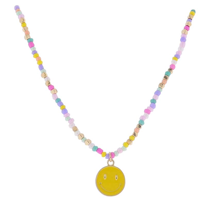 Kids 14" Multi Beaded Necklace with Yellow Smiley Pendant