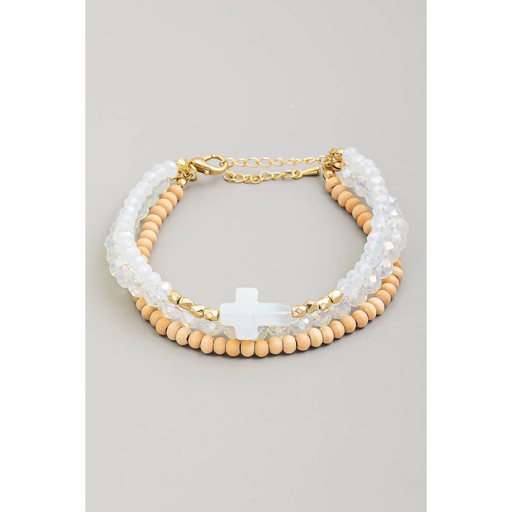 Stone Cross Charm Beaded Bracelet Set-Pink