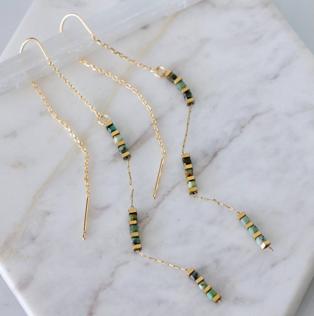 Square Gemstone Threader Earrings: Tourmaline