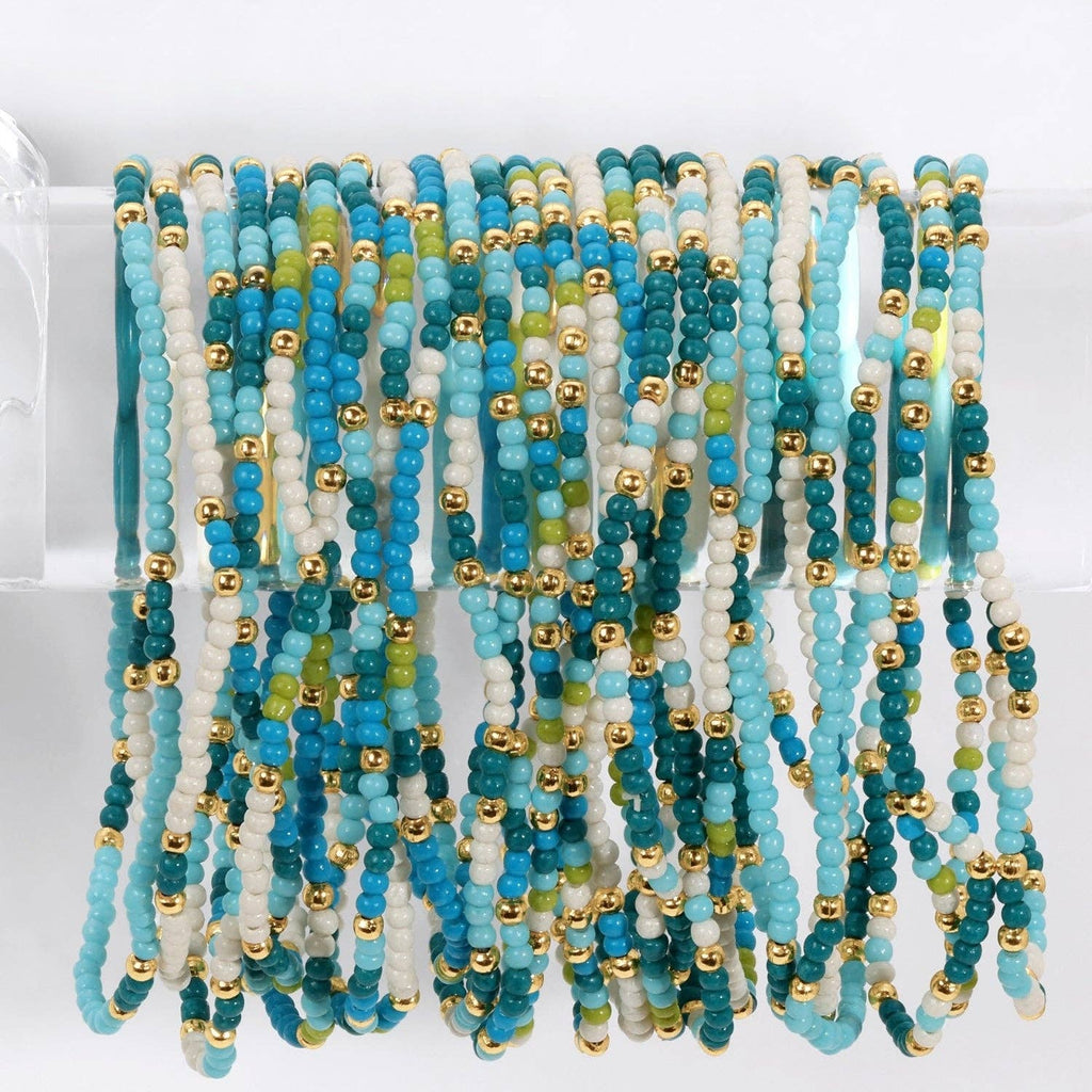 Assorted 2mm Stretch Seed Bead Bracelets: Blue/Mint/White