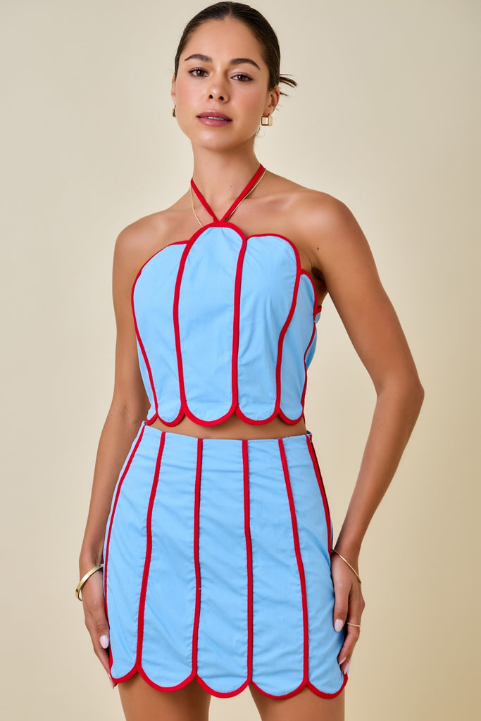 Rebel Yell Scallop skirt- Powder Blue/ Red