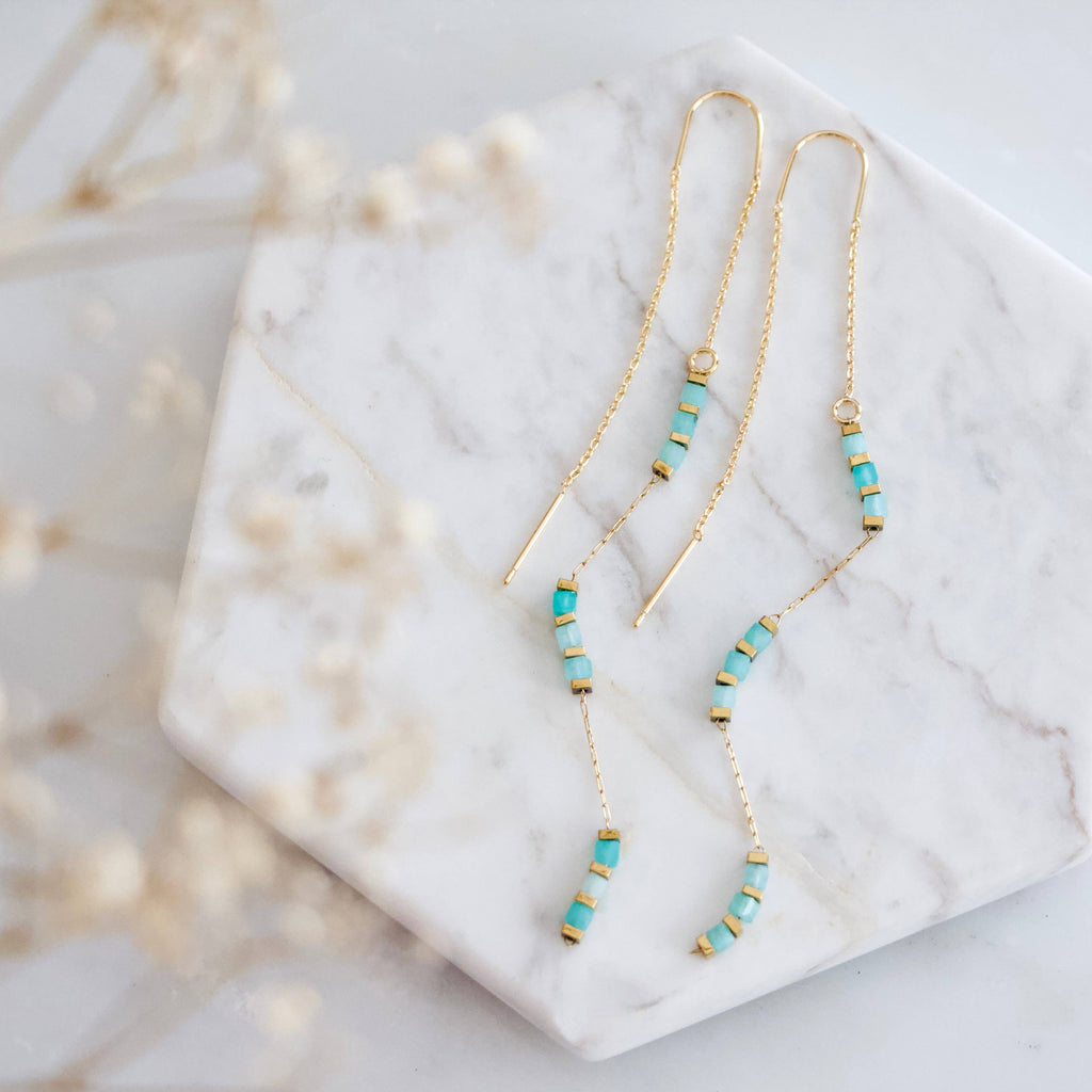 Square Gemstone Threader Earrings: Tourmaline