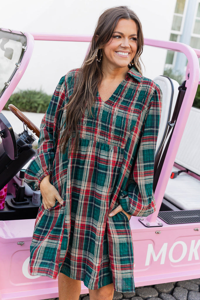 Merry Tartan Mini Dress - Green