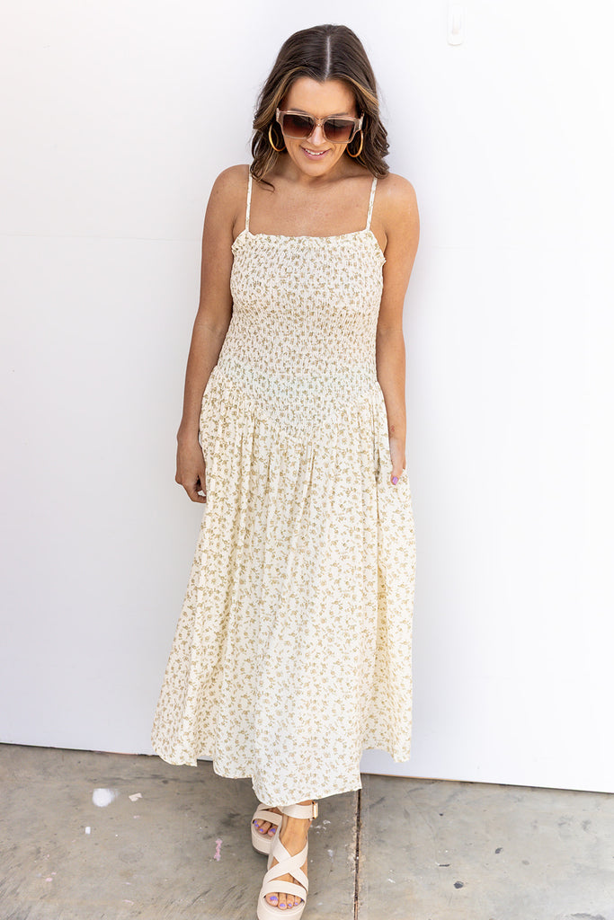 Be By You Midi Dress - Ivory/Beige Green