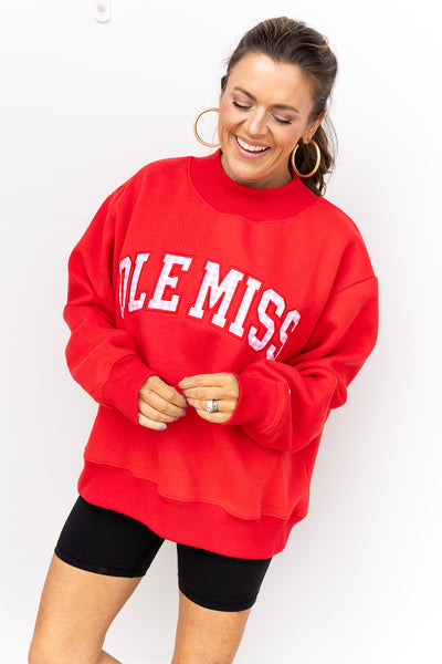 Embroidered Ole Miss Gingham Mock Neck – Pink Possum