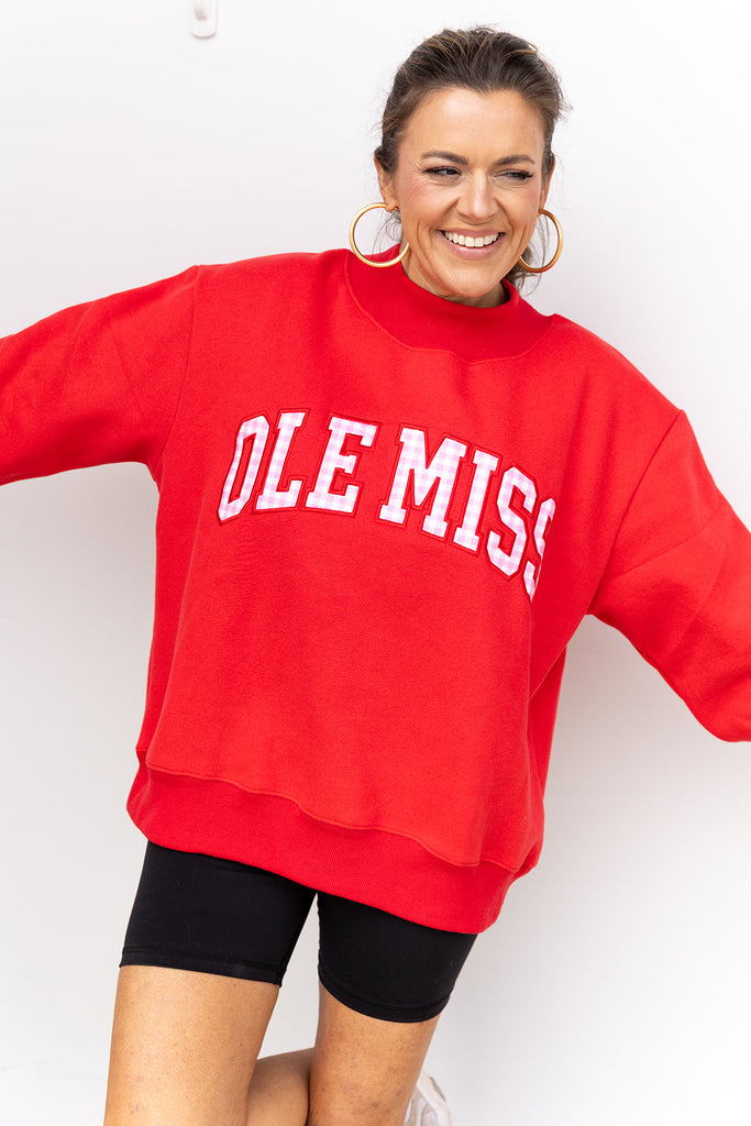 Embroidered Ole Miss Gingham Mock Neck