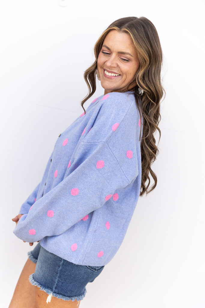 Choosin' Texas Cardigan - Pink/ Blue Poolka Dot