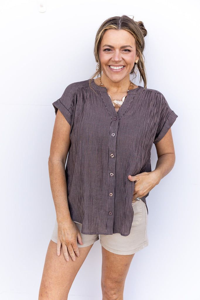 Pining for Pinstripes Blouse - Mocha
