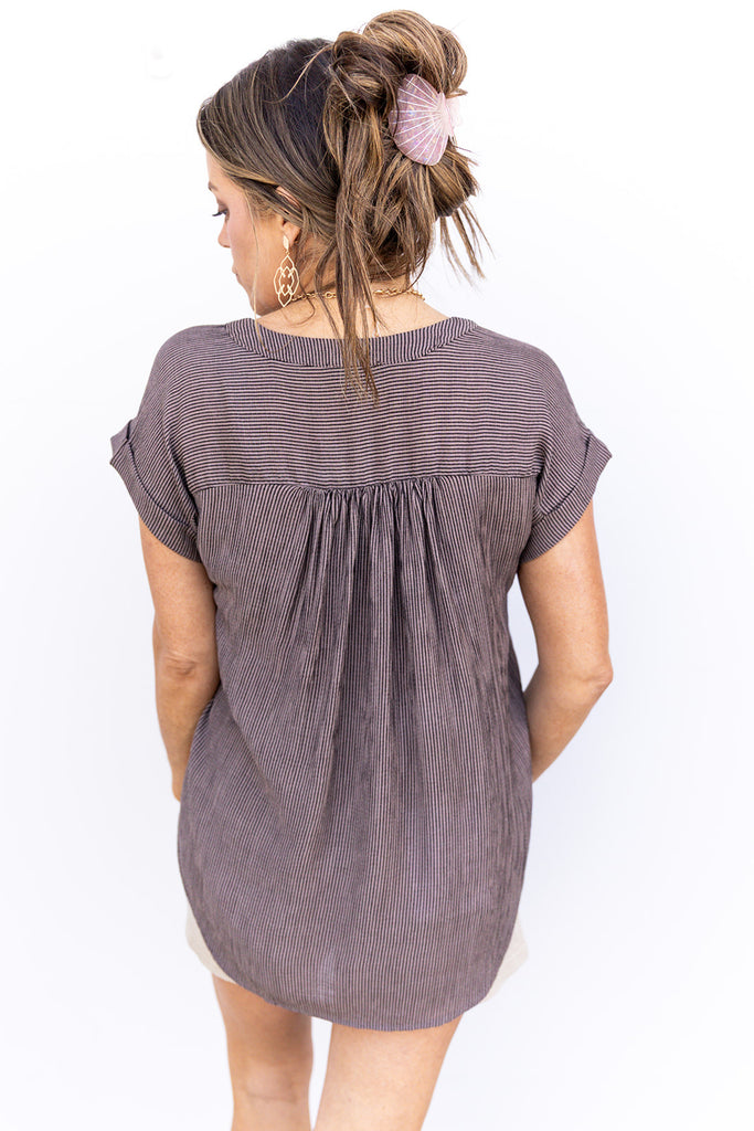 Pining for Pinstripes Blouse - Mocha
