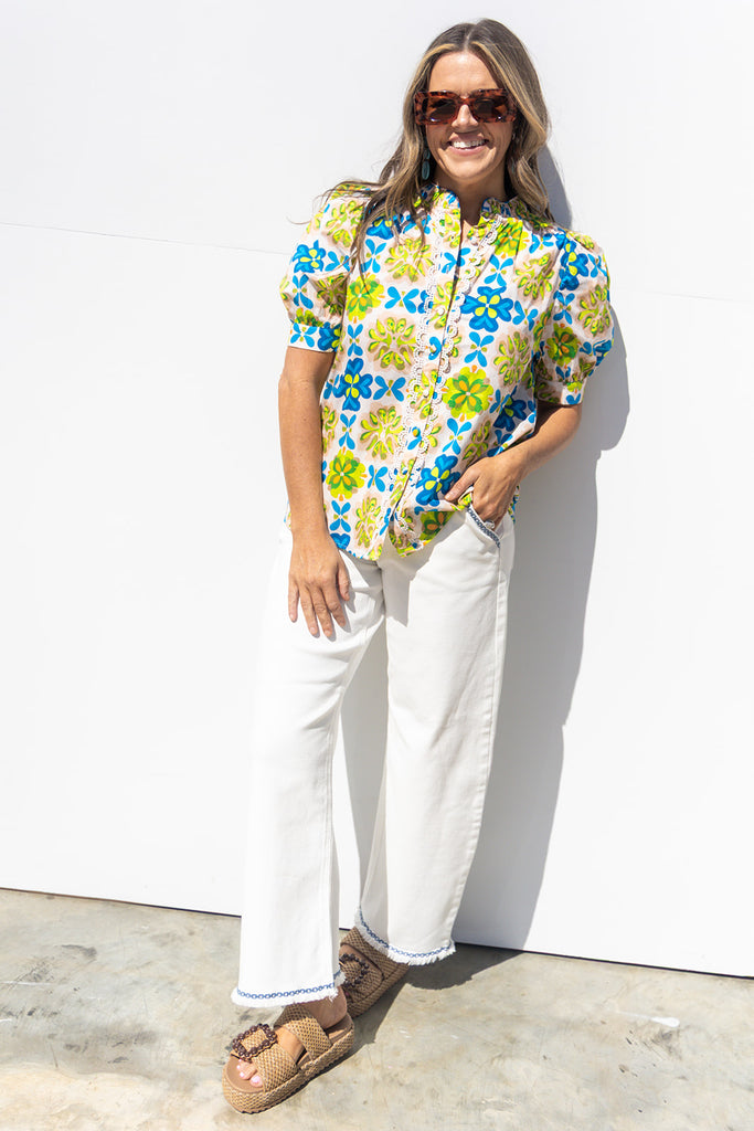 Hard To Forget Blouse - Lime / Blue