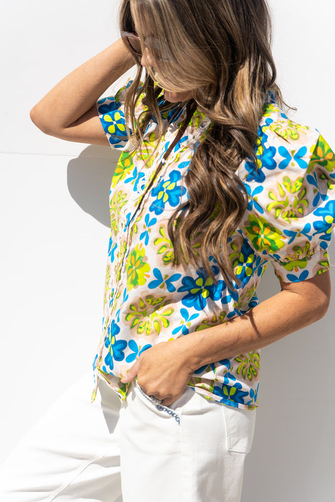 Hard To Forget Blouse - Lime / Blue