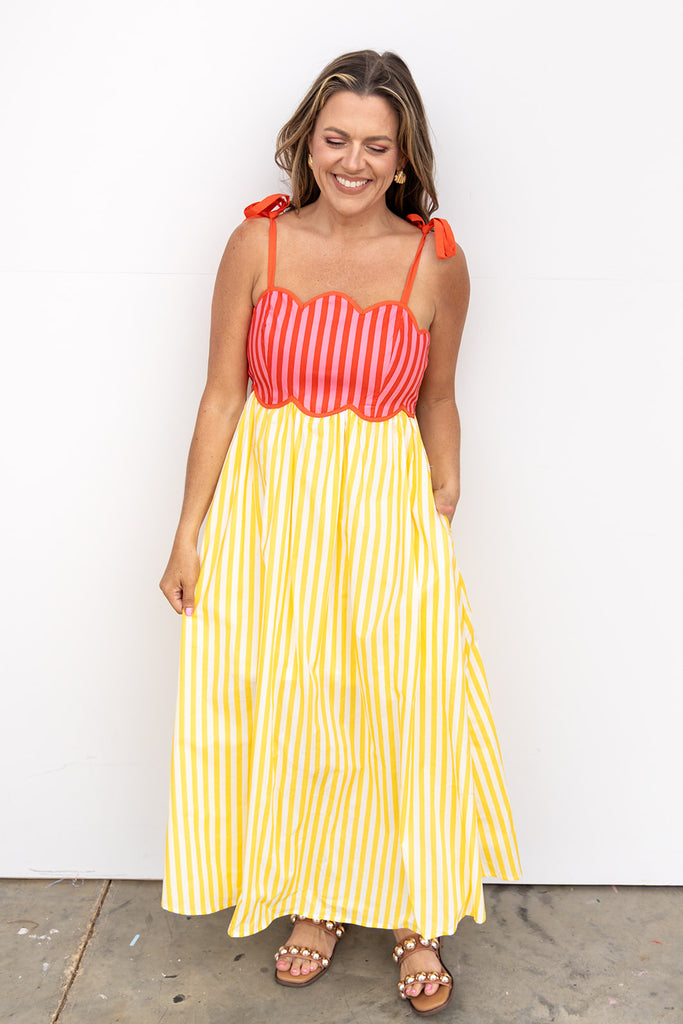 Colorblock Striped Midi Dress - Yellow Orange Pink Possum Colorblock Striped Midi Dress - Yellow Orange Pink Possum