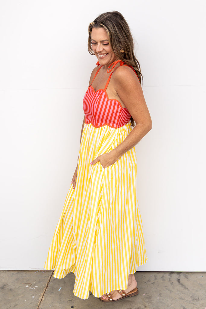 Colorblock Striped Midi Dress - Yellow Orange