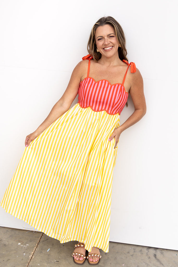 Colorblock Striped Midi Dress - Yellow Orange