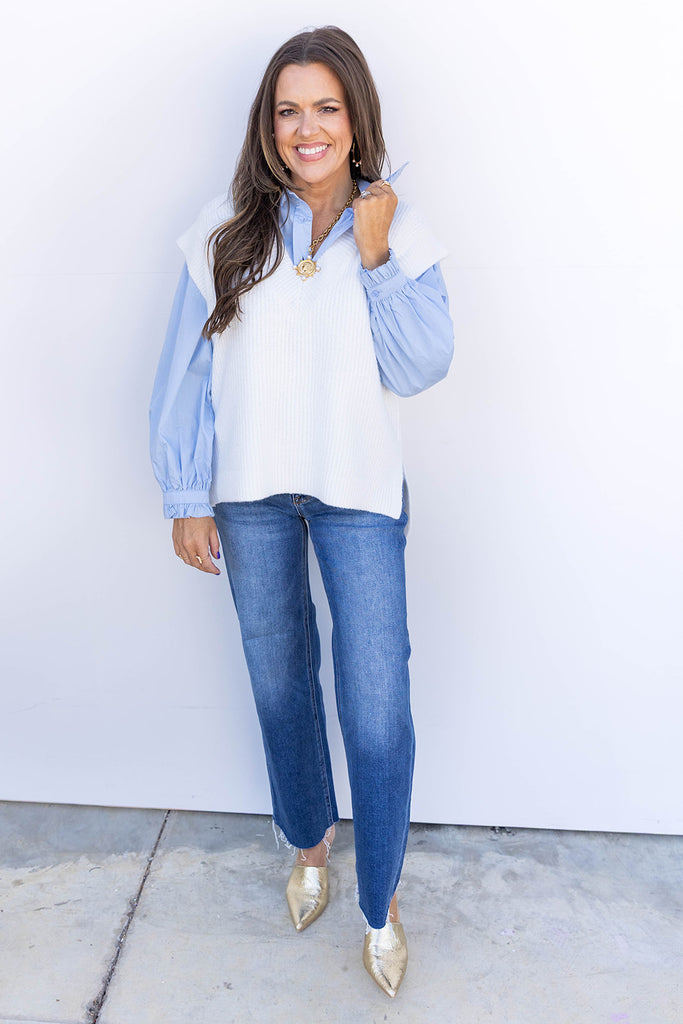 Right by the Ruffles Button Down Top- Blue