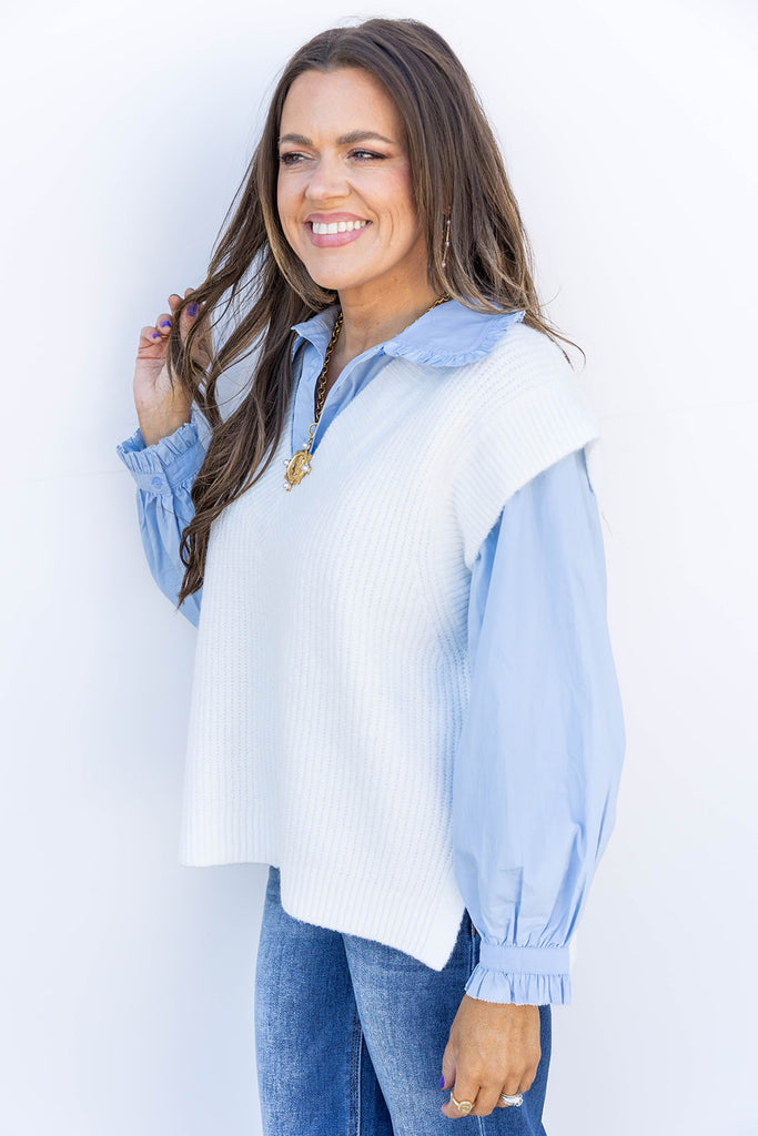 Right by the Ruffles Button Down Top- Blue