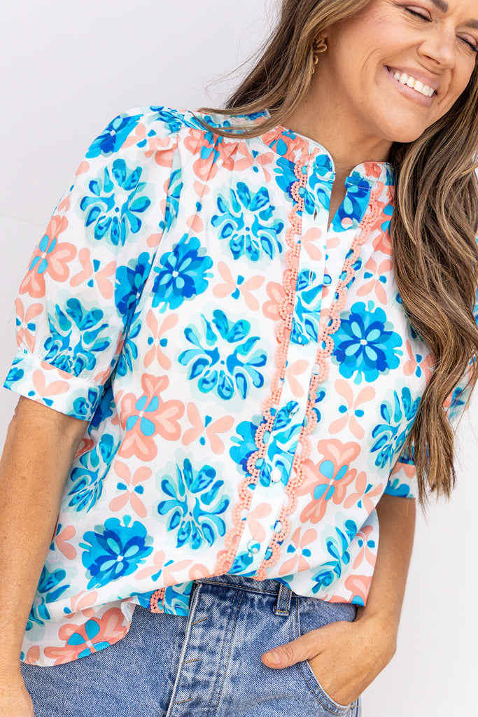 Hard To Forget Blouse - Coral / Blue
