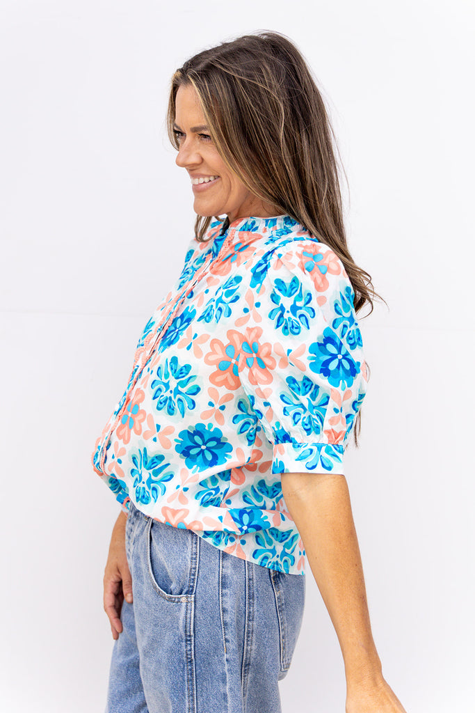 Hard To Forget Blouse - Coral / Blue