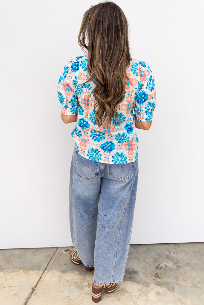 Hard To Forget Blouse - Coral / Blue
