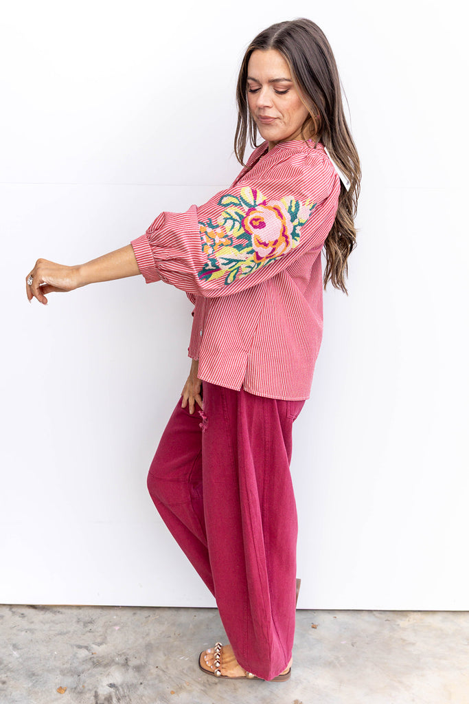 Stripe Delight Floral Blouse - Red