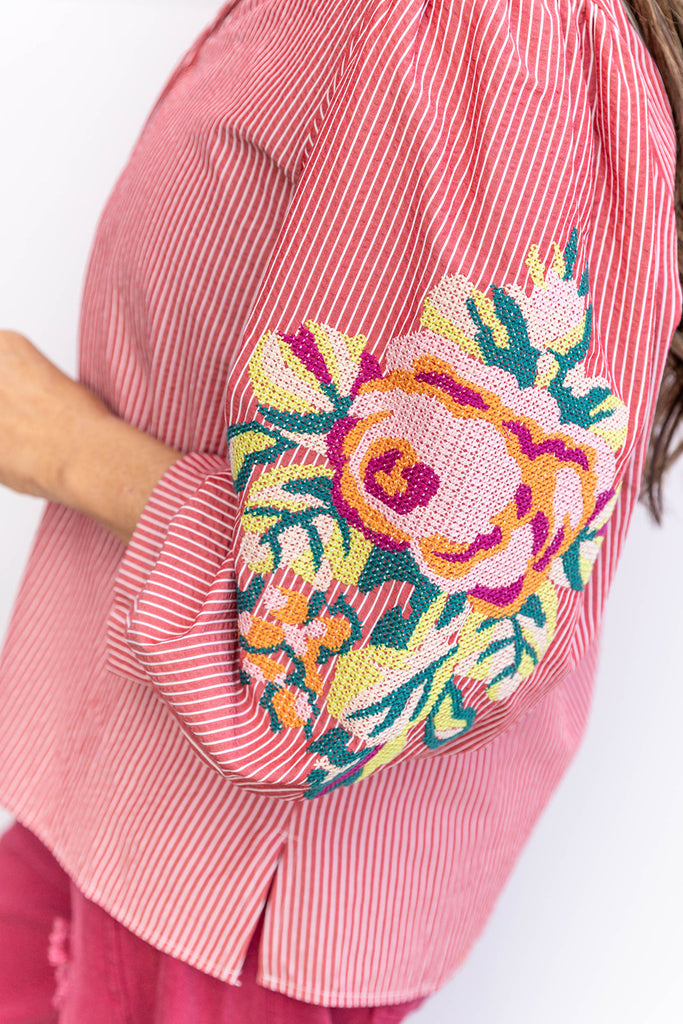 Stripe Delight Floral Blouse - Red