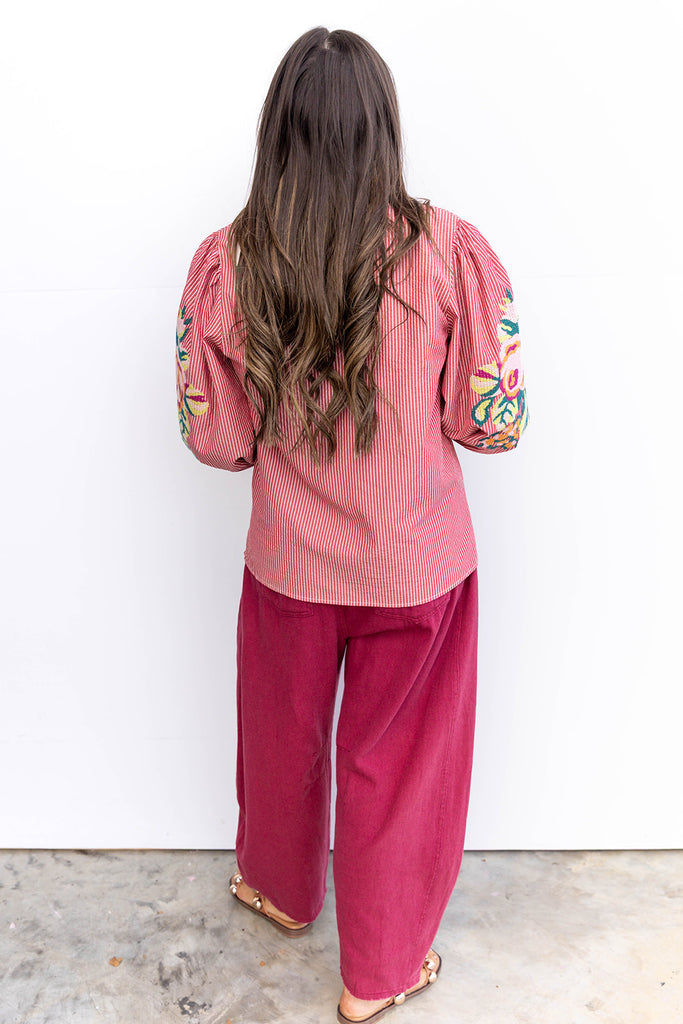 Stripe Delight Floral Blouse - Red