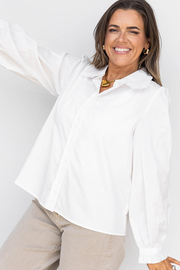 Right by the Ruffles Button Down Top- White