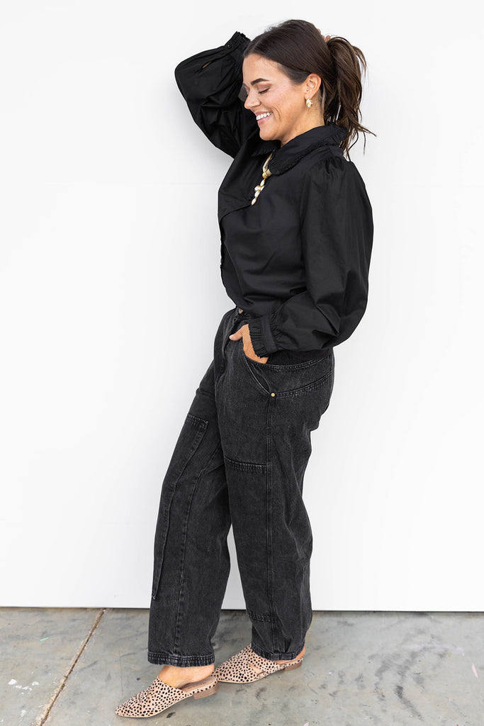Right by the Ruffles Button Down Top- Black