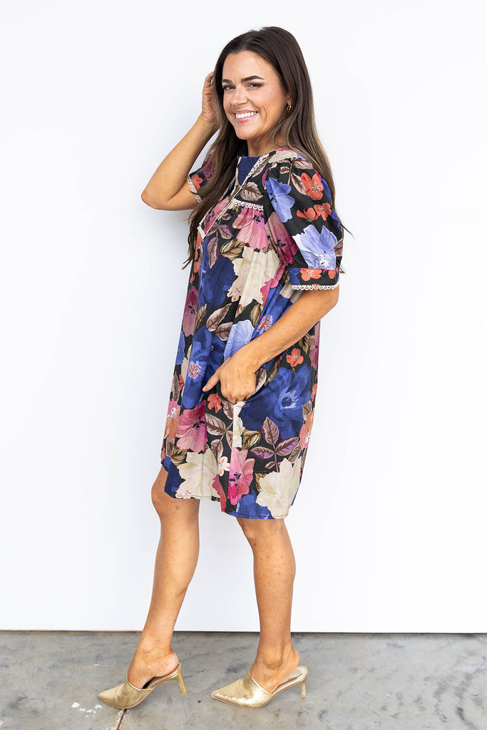 Dark Fall Florals Mini Dress - Black