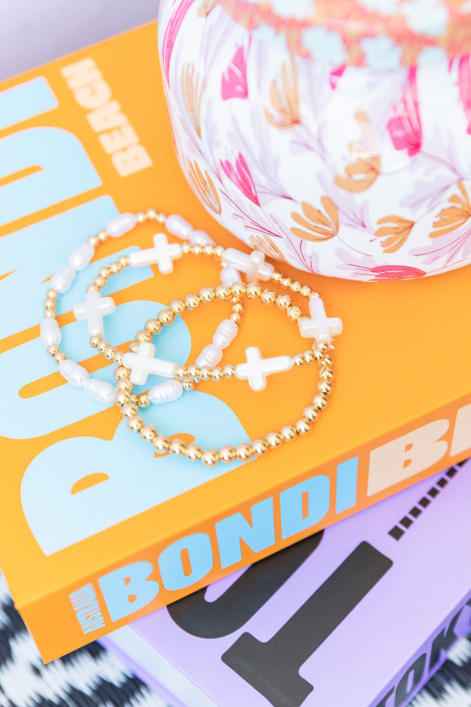 Cross Charms Pearl Beaded Bracelet Set