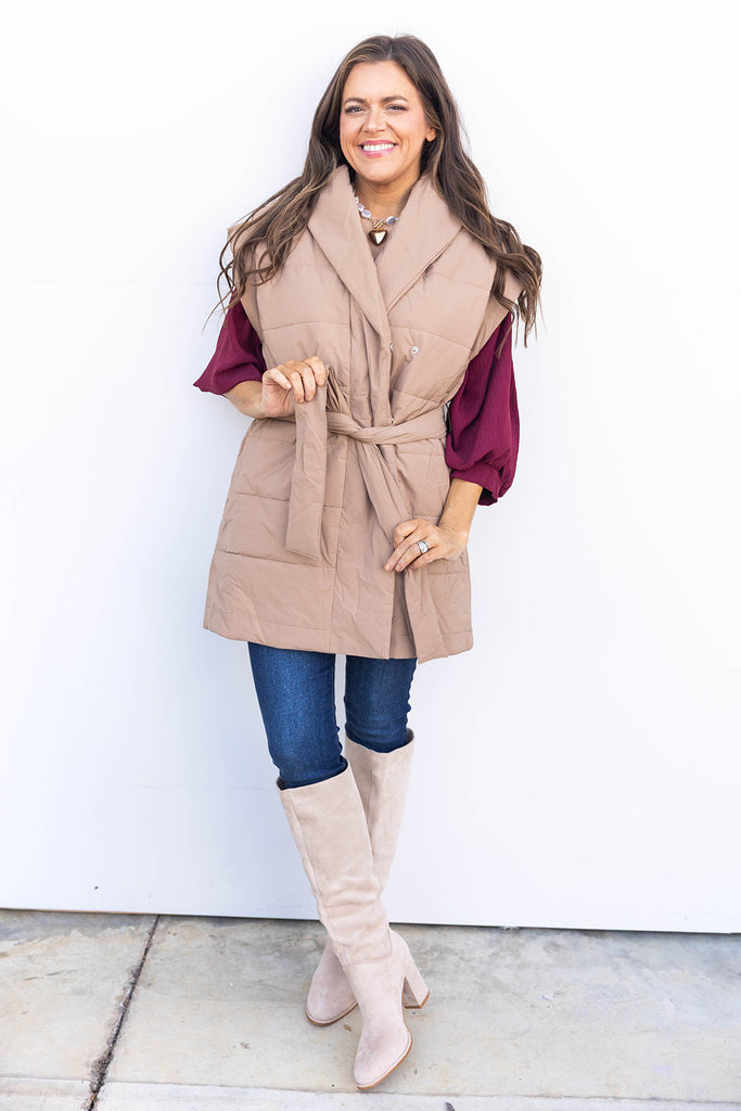 Wrapped Up Puffer Vest - Taupe