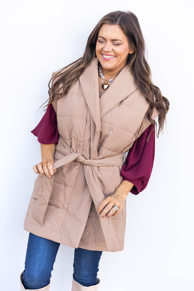 Wrapped Up Puffer Vest - Taupe
