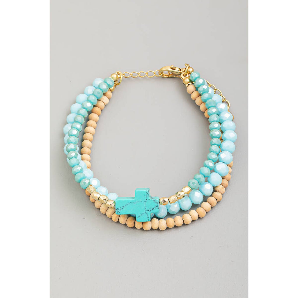 Stone Cross Charm Beaded Bracelet Set-Pink