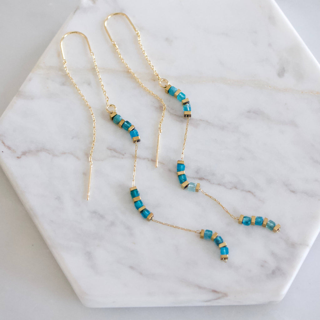 Square Gemstone Threader Earrings: Tourmaline