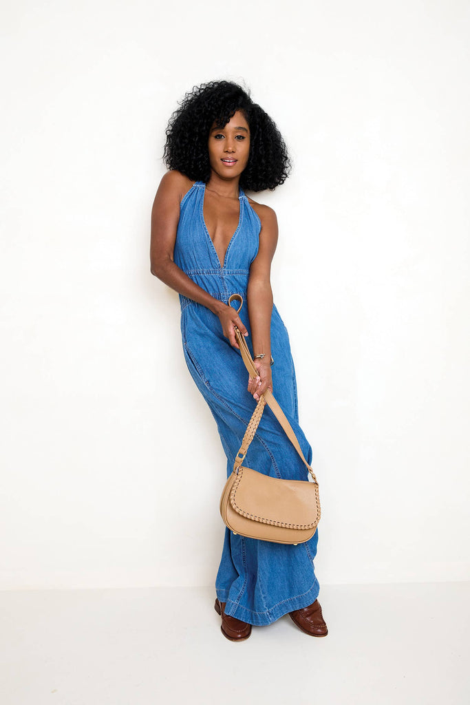 Daia Whipstitch Flapover Crossbody w/ Whipstitch Strap: Mauve