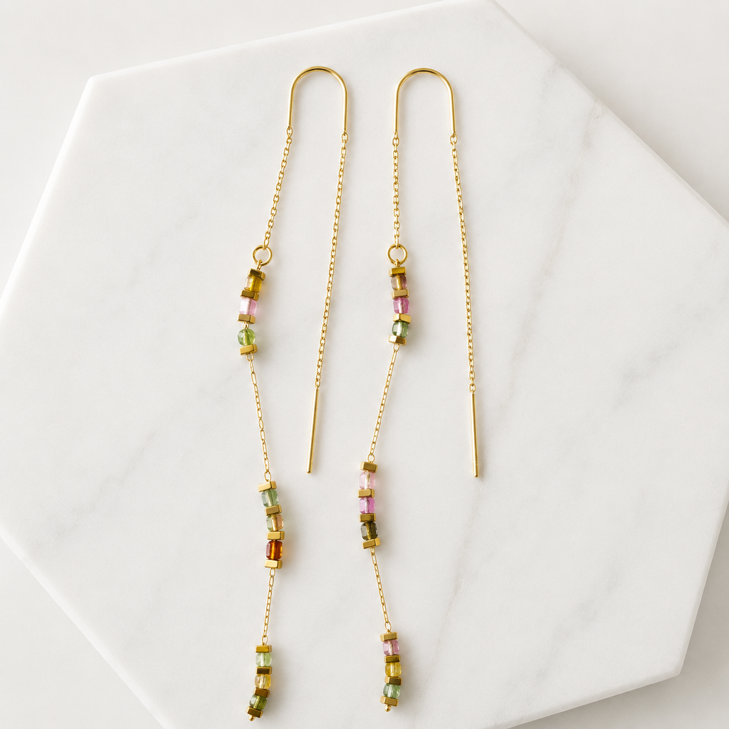 Square Gemstone Threader Earrings: Tourmaline