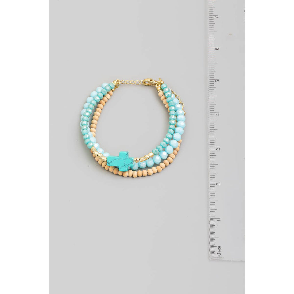 Stone Cross Charm Beaded Bracelet Set-Pink