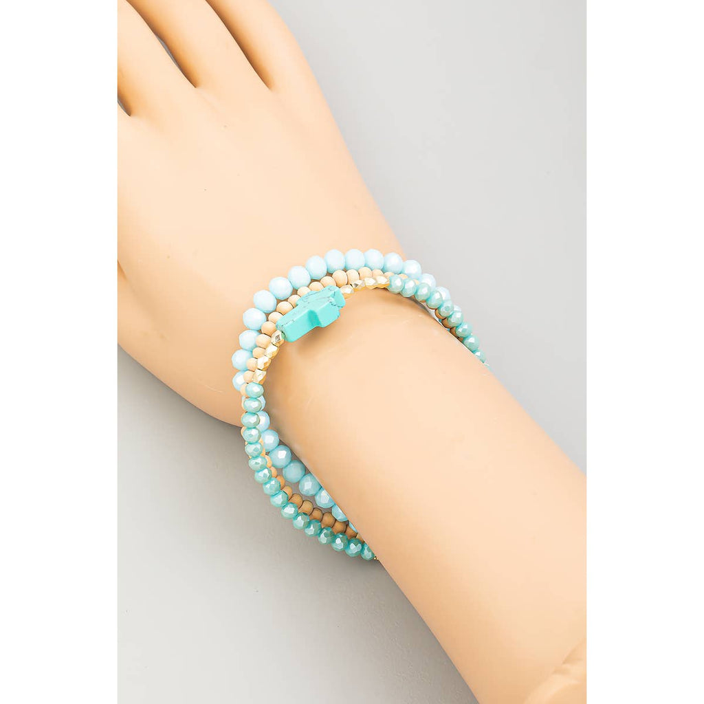 Stone Cross Charm Beaded Bracelet Set-Pink