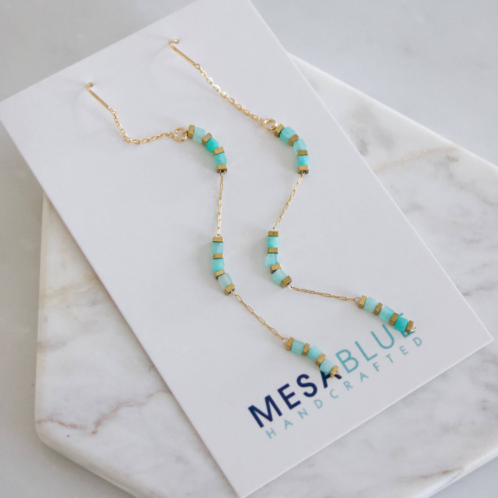 Square Gemstone Threader Earrings: Tourmaline