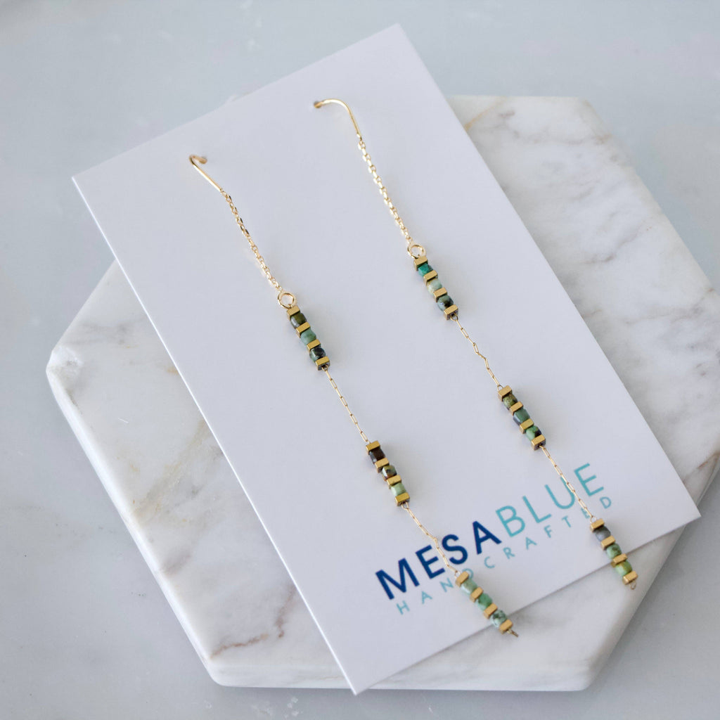 Square Gemstone Threader Earrings: Tourmaline