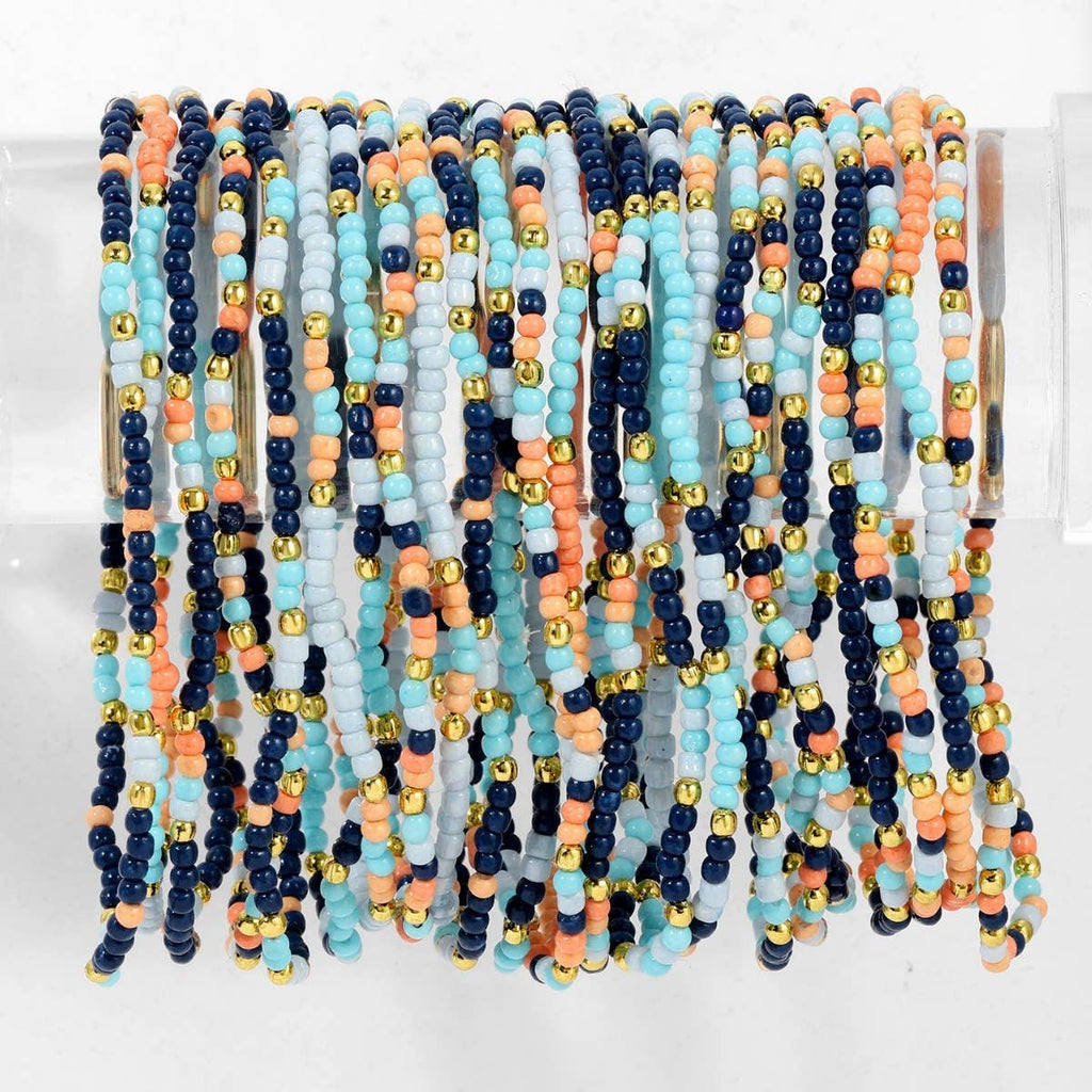 Assorted 2mm Stretch Seed Bead Bracelets: Blue/Mint/White