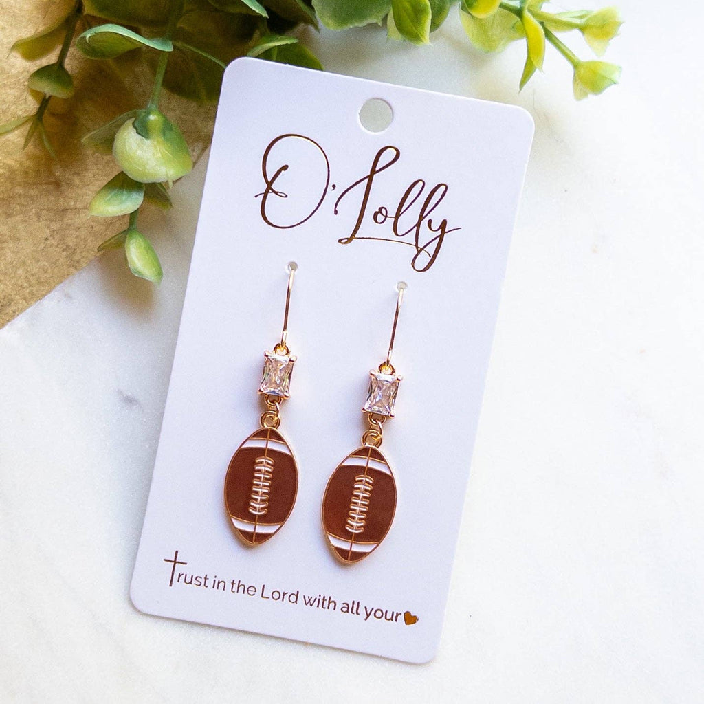 Gold Football Dangle Earrings with Cubic Zirconia Accent “Blitz”