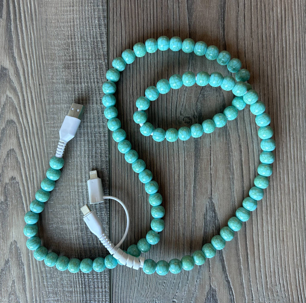 Beaded Phone Charger with Lightning & USB-C Cable: Purple and Blue
