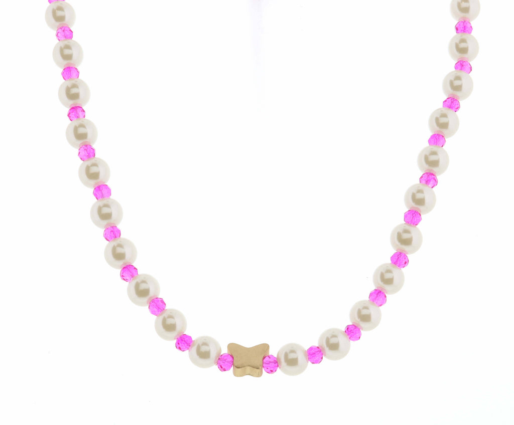 Kids 14" Pearl & Hot Pink Faceted with Butterfly Necklace