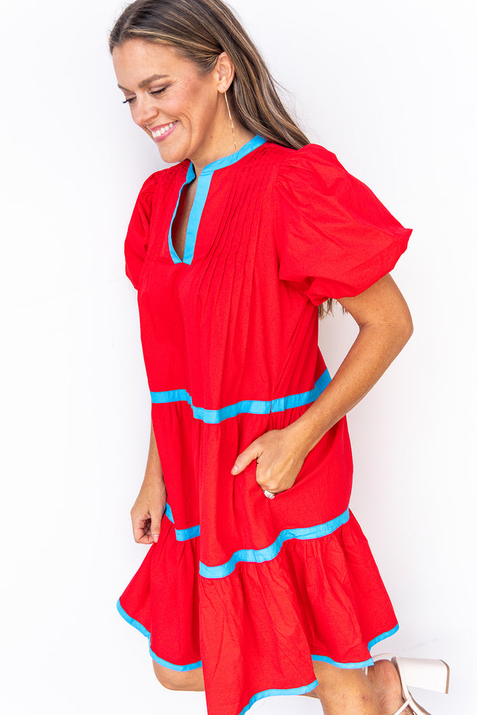 At The Library Dress - Red/Blue