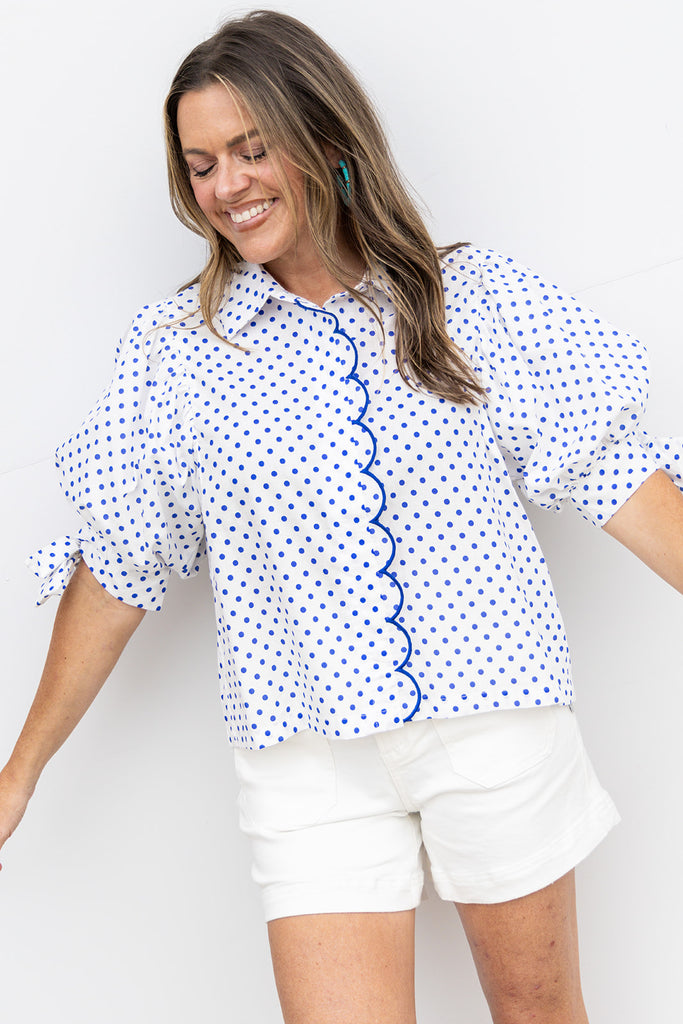 Scalloped In Dots Blouse - Blue